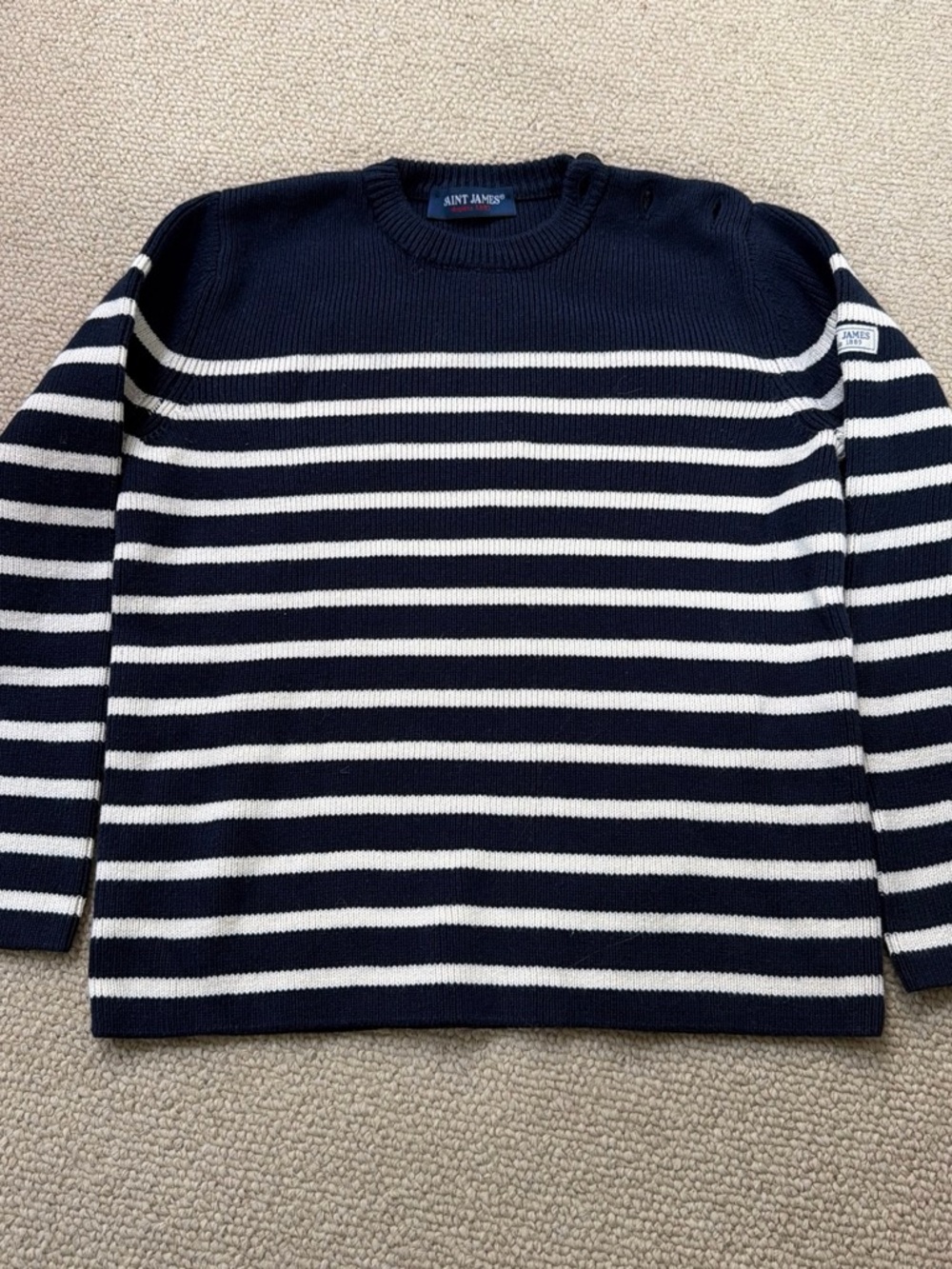 Saint James Navy and White Striped Crewneck Sweater